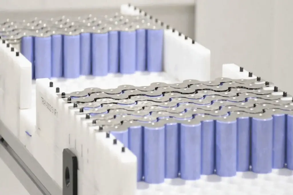 Cylindrical battery cells arranged within battery module assemblies, representing energy storage technologies tested by Resonate Testing.