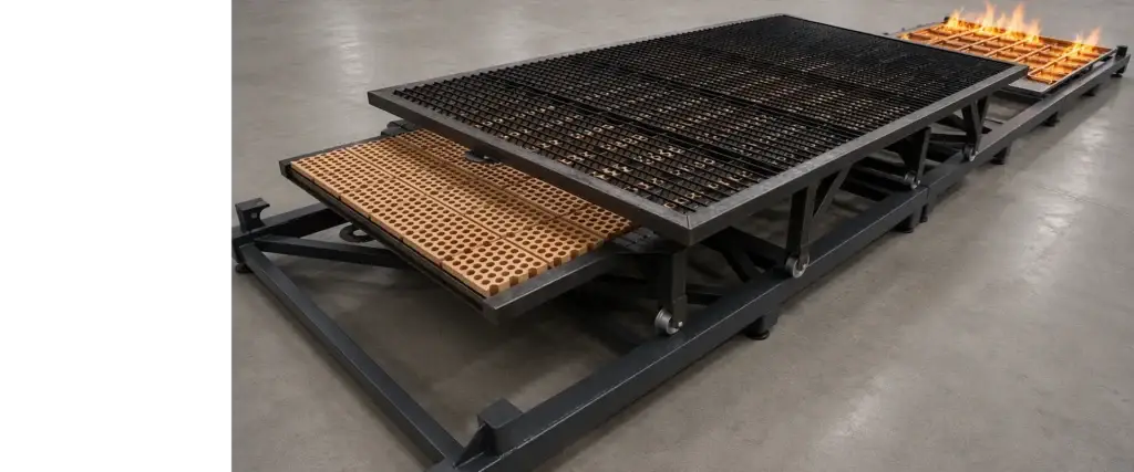 UNECE R100 battery fire test rig used to evaluate battery pack behaviour during direct fire exposure.