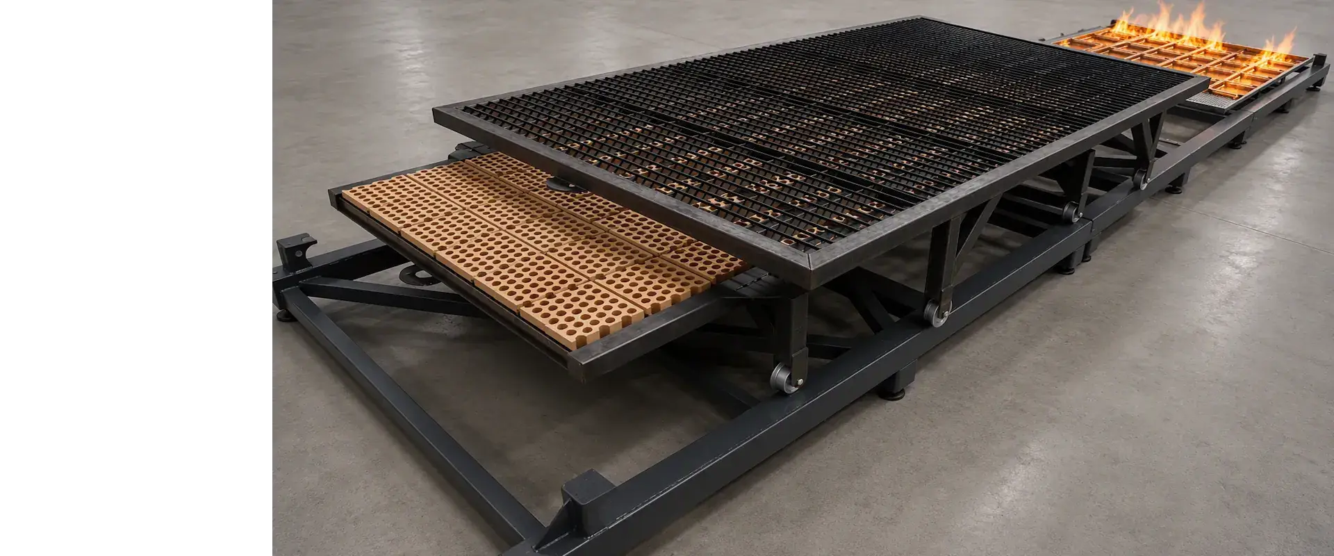 UNECE R100 battery fire test rig used to evaluate battery pack behaviour during direct fire exposure.