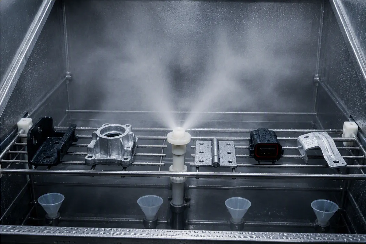 Test specimens undergoing salt spray corrosion testing inside a corrosion chamber