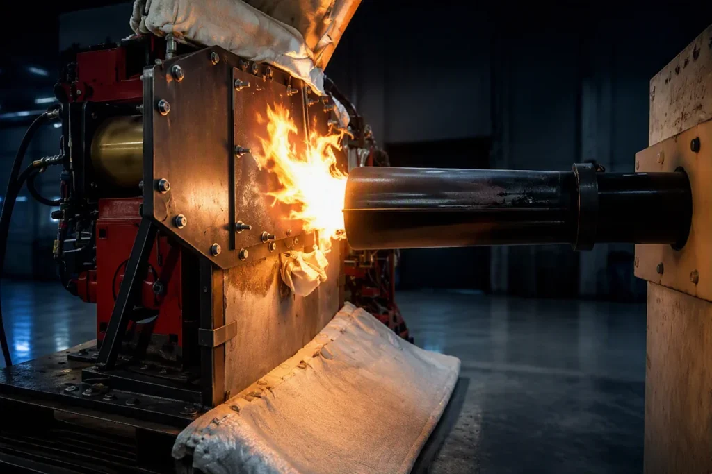Kerosene burner applying a high-intensity flame during FAA powerplant fire testing.