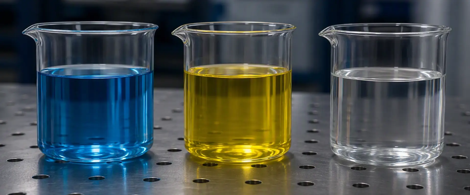 Laboratory beakers containing different test fluids used for fluid susceptibility testing.
