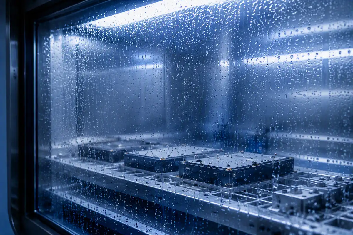 Test specimens inside an environmental chamber
