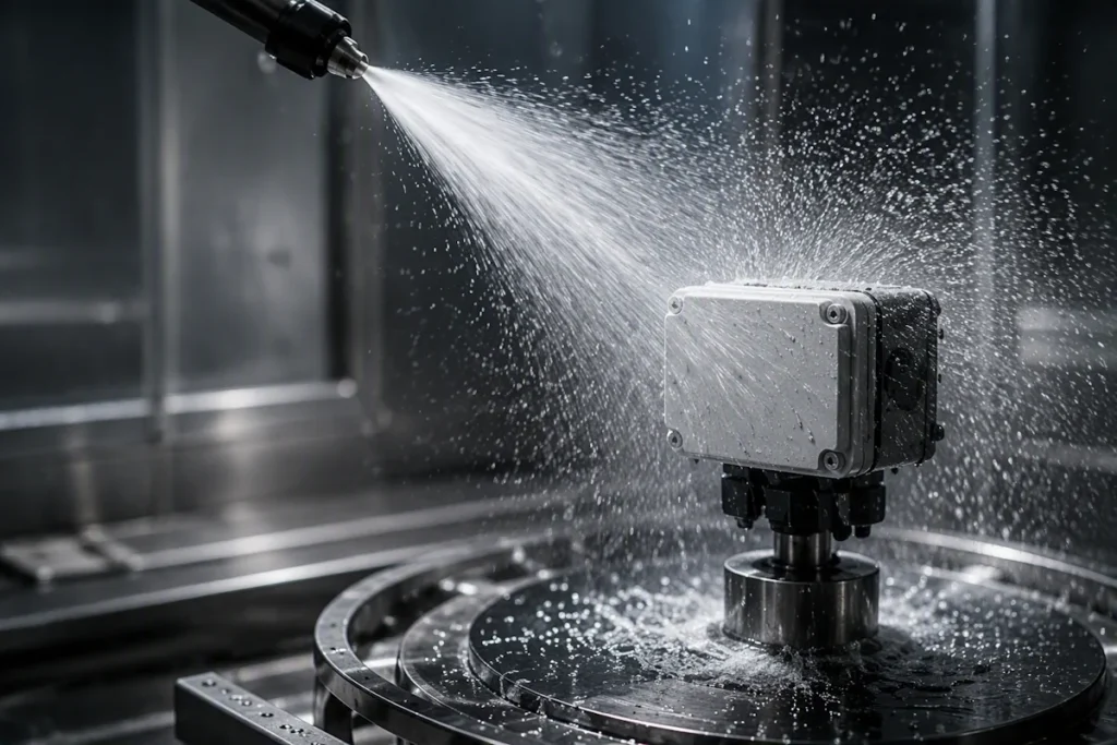 Test specimen exposed to a high-pressure water spray