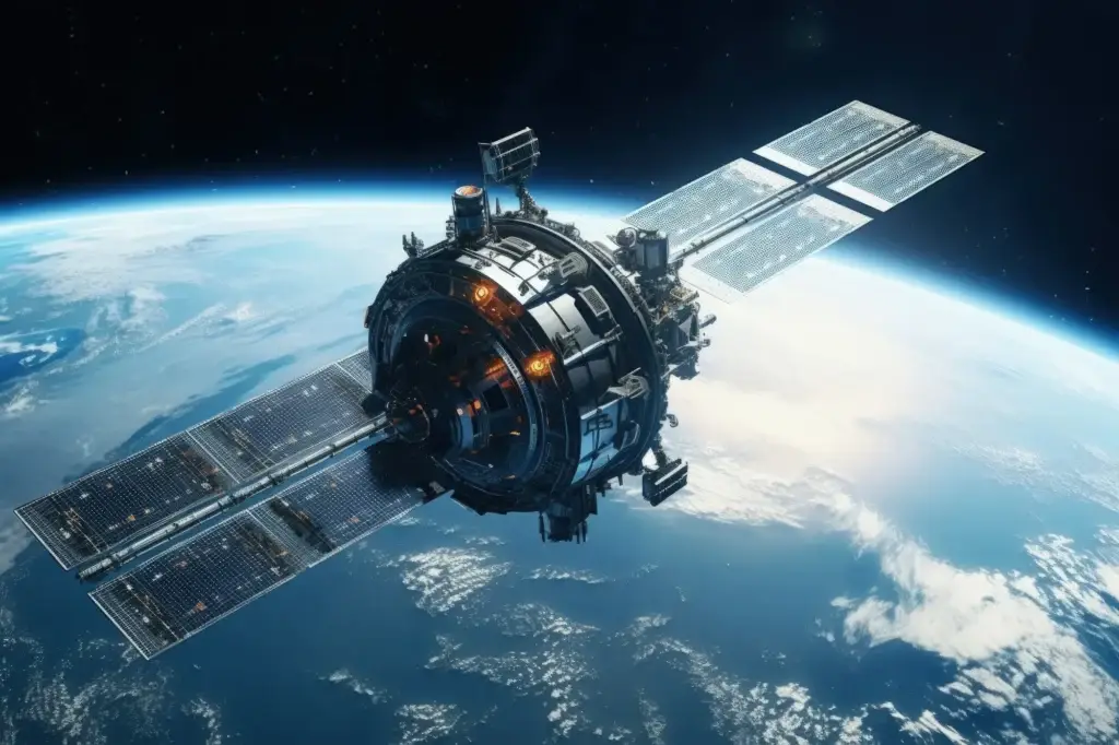 Satellite with deployed solar arrays in orbit, representing space systems and technologies supported by Resonate Testing's testing services.