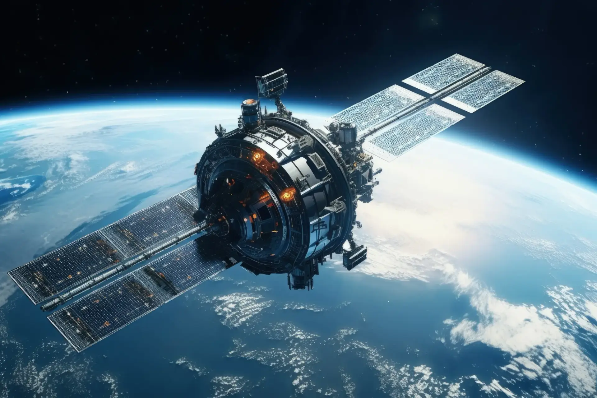 Satellite with deployed solar arrays in orbit, representing space systems and technologies supported by Resonate Testing's testing services.