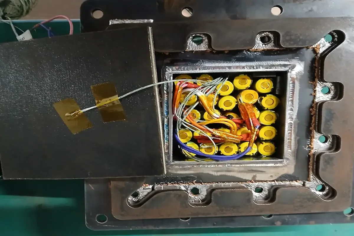 UL2596 testing set-up for lithium battery enclosure materials - close up image