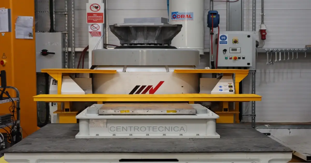 A vertical mounted test item undergoing vibration testing at Resonate testing on a electrodynamic shaker table