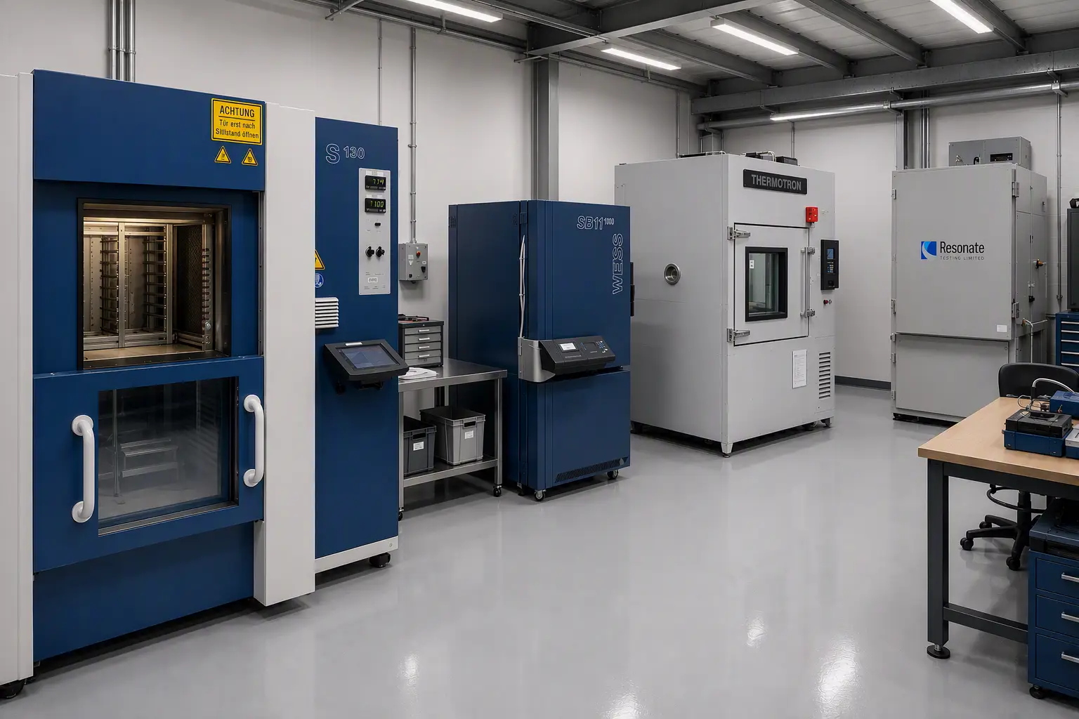 Environmental test laboratory featuring temperature, humidity and climatic test chambers.