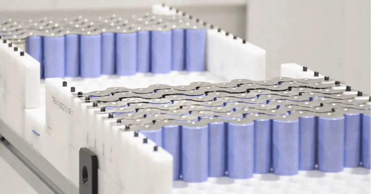 Cylindrical battery cells arranged within battery module assemblies, representing energy storage technologies tested by Resonate Testing.