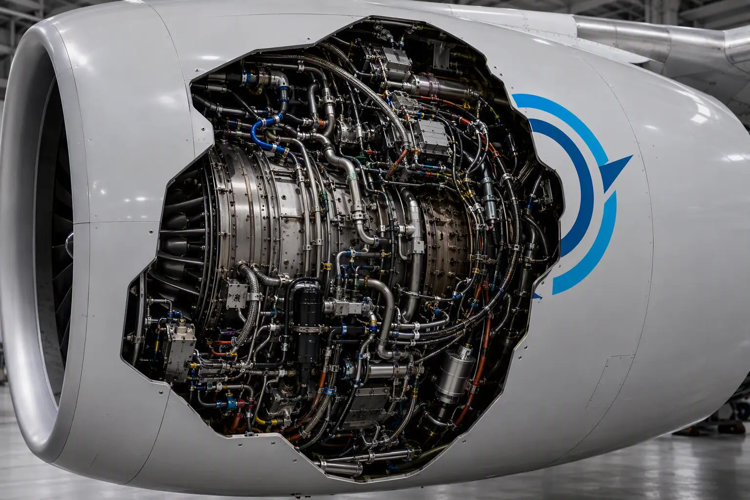 Aircraft engine nacelle showing internal pipework, systems and propulsion components.