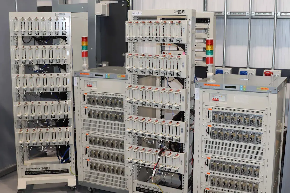 Battery cell cycler test system with multiple battery channels, representing charge and discharge cycling of battery cells and modules.
