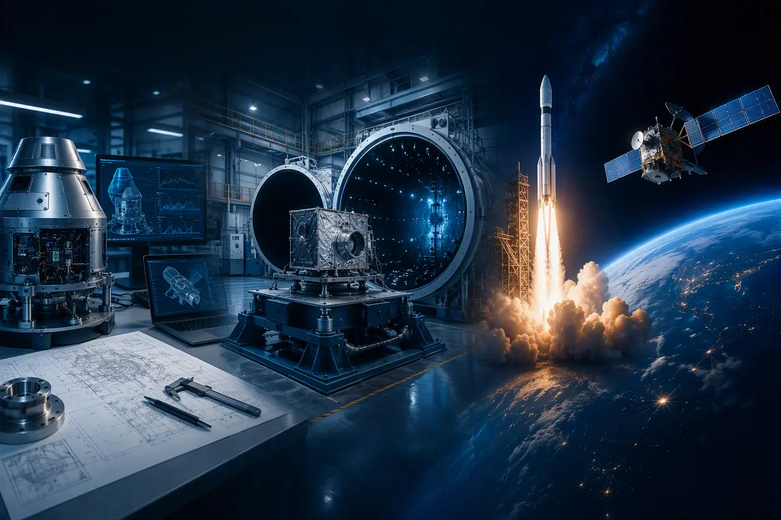 Spacecraft hardware and thermal vacuum chamber alongside a rocket launch and satellite in orbit, illustrating space qualification testing and mission operations.