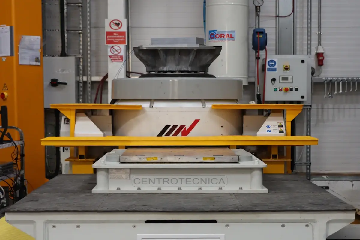 A vertical mounted test item undergoing vibration testing at Resonate testing on a electrodynamic shaker table